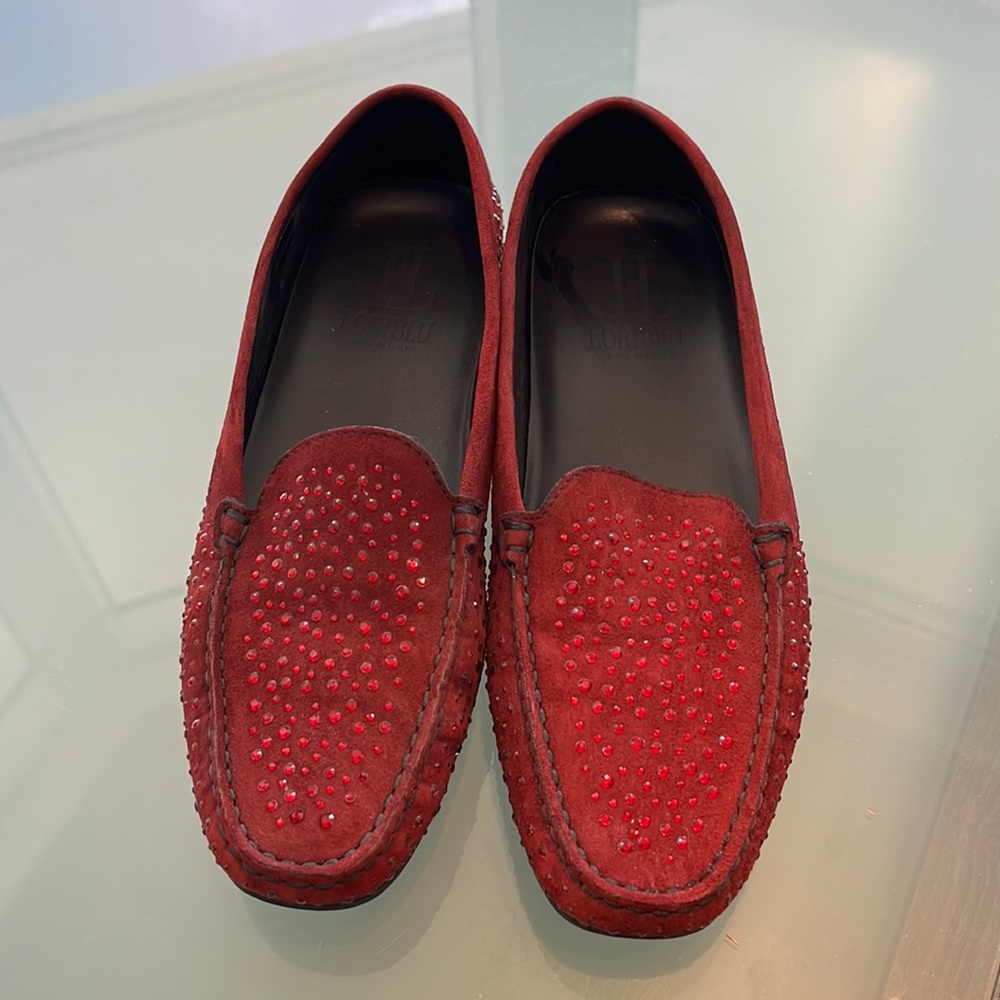 Woman’s Lori, blue loafer, red crystals, size 40 suede shoes